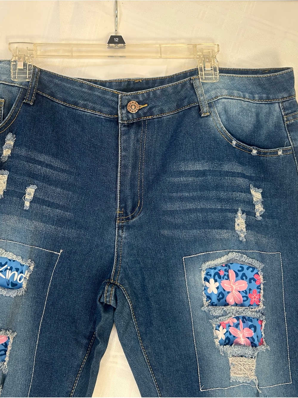Plus size Embellished Distressed Dark Blue boot cut Jeans with Floral Patches 2X - Picture 4 of 11